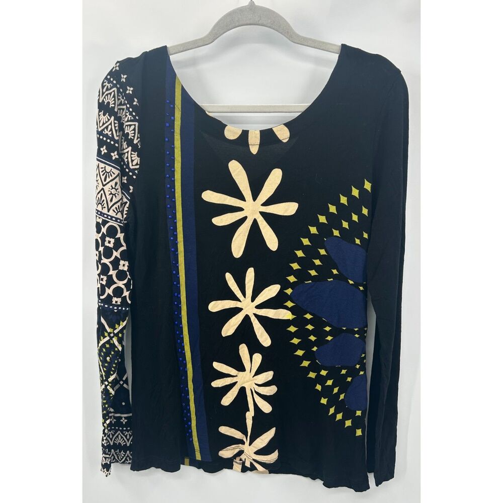 Desigual Womens XL Long Sleeve Graphic Tee Black Daisy Boho Geometric Shirt